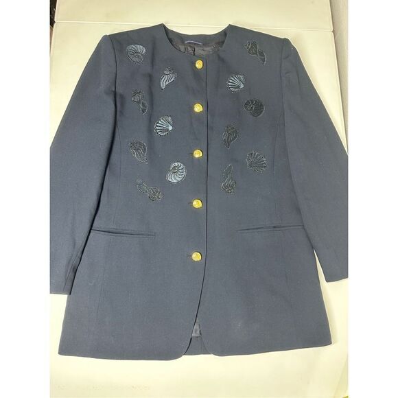 Vintage New Wool Women’s Blazer Navy Blue Embroidered Application Shells Sz M - Picture 6 of 13